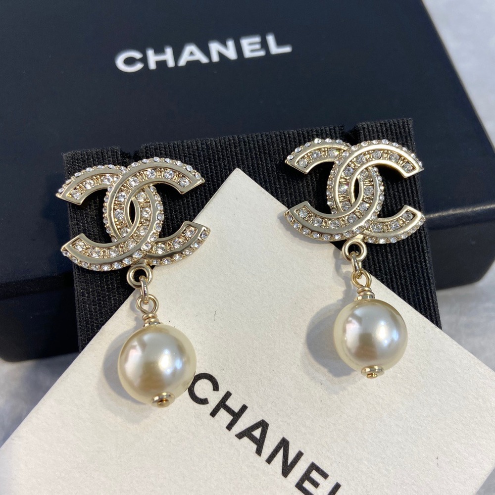 CHANEL Crystal CC Logo Pearl Drop Earrings